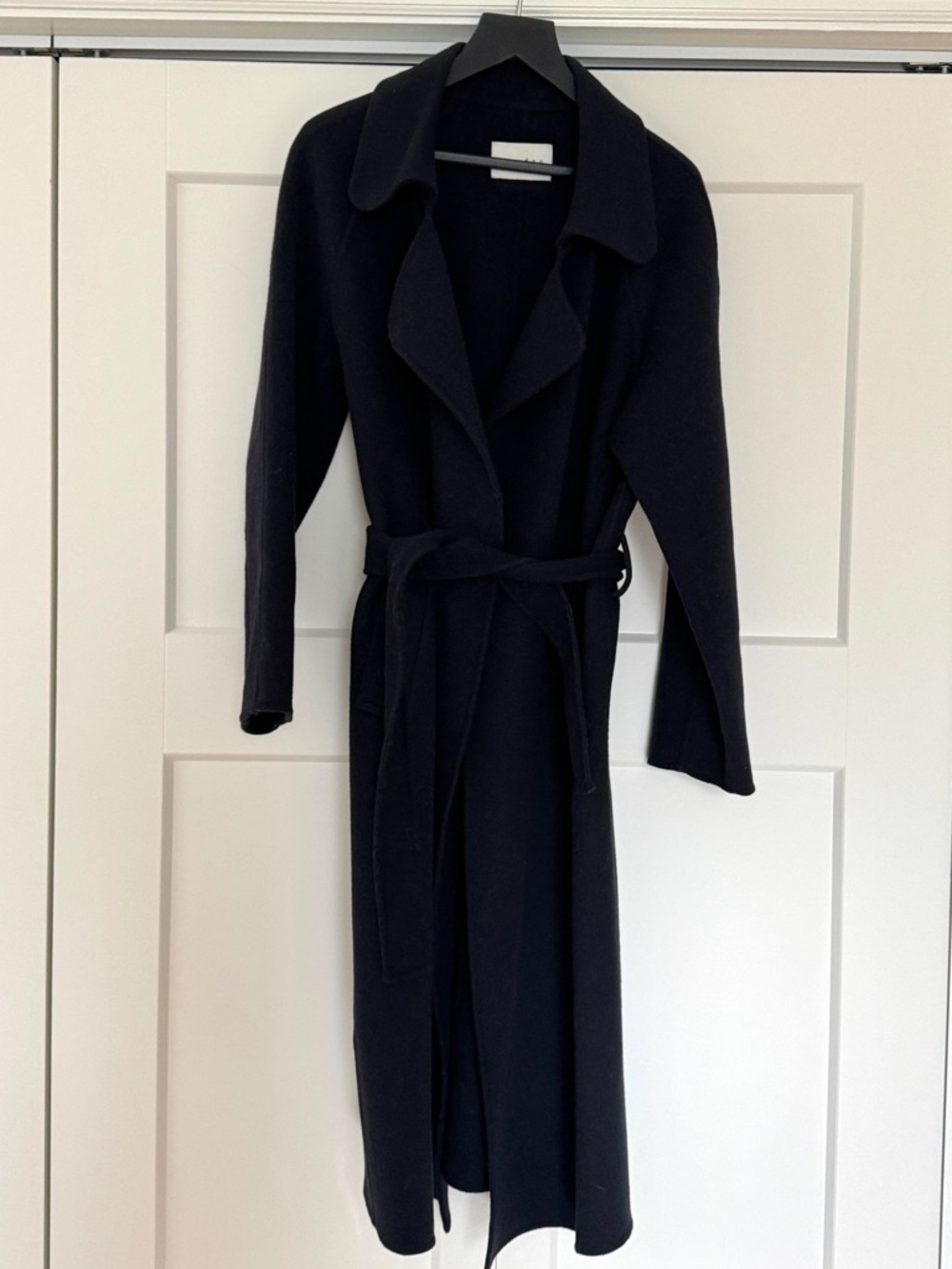 sandro kava long belted wool coat dark navy